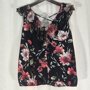 Per Seption Concept Floral Ruffle V Neck Crisscross Sleeveless women's blouse M